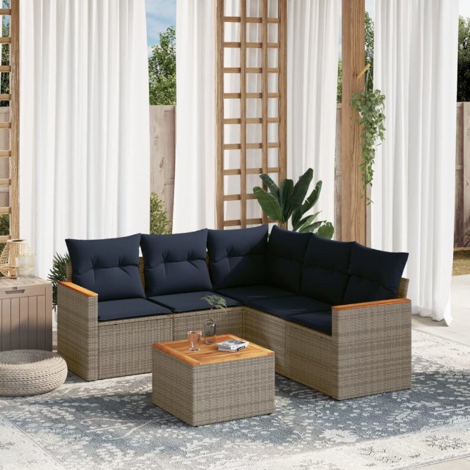 6-teiliges Gartensofa-Set mit Kissen, grau, Polyrattan 6-teiliges Gartensofa-Set mit Kissen, grau, Polyrattan