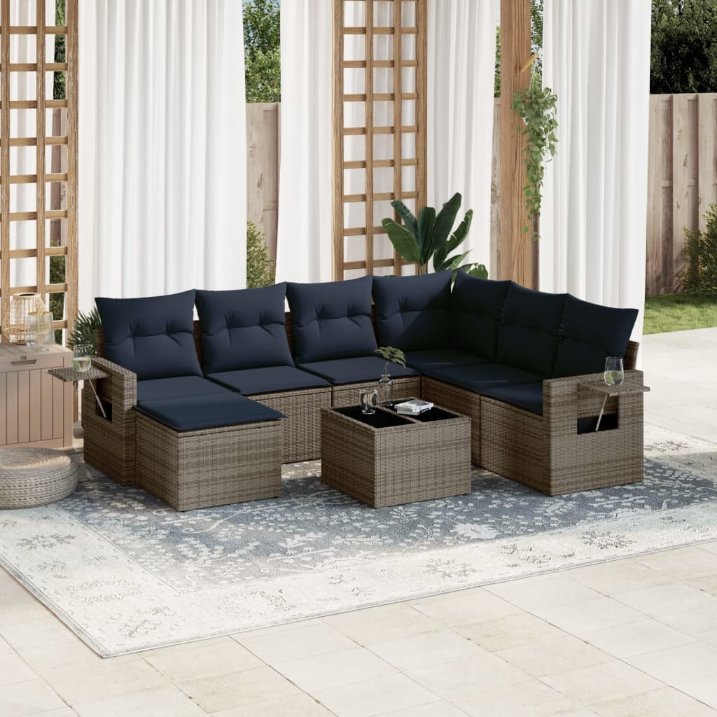 8-teiliges Gartensofa-Set mit Kissen, grau, Polyrattan 8-teiliges Gartensofa-Set mit Kissen, grau, Polyrattan