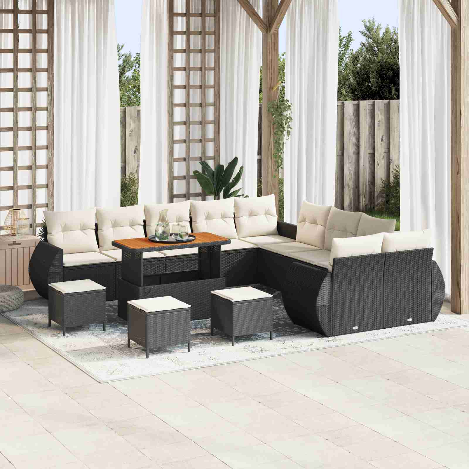 14-teiliges Garten-Sofa mit Kissen Schwarz Poly Rattan Akazie