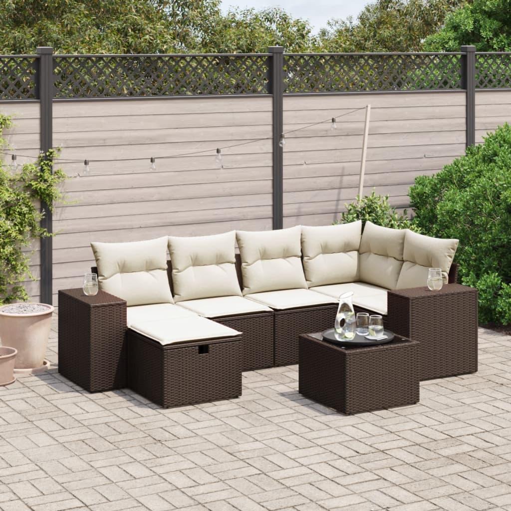 7-tlg. Garten-Sofagarnitur mit Kissen Braun Poly Rattan