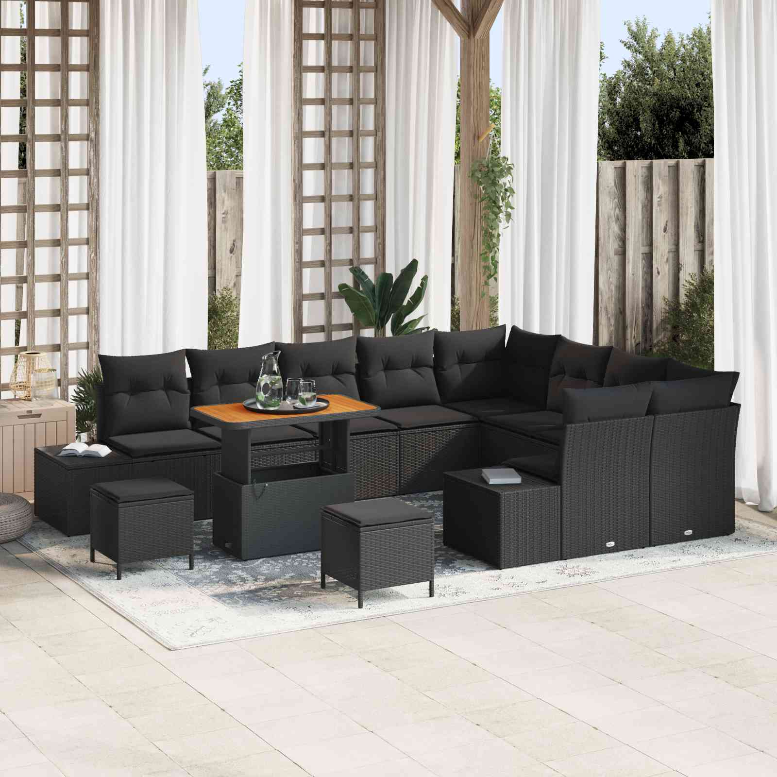 12-teiliges Garten Sofa Set mit Kissen Schwarz Poly Rattan Akazie
