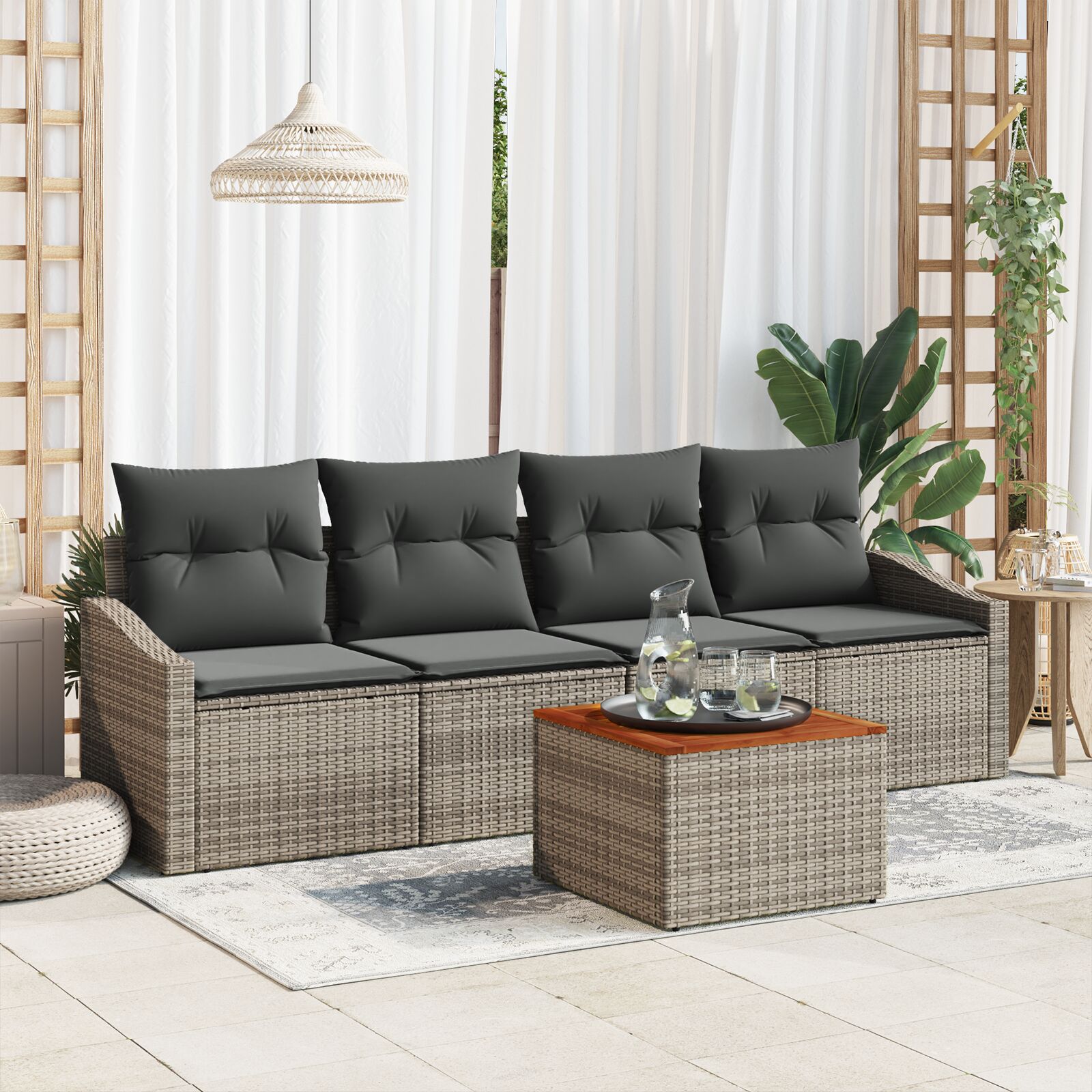 5-teiliges Garten-Sofa-Set mit Kissen Grau Poly Rattan Akazie. 5-teiliges Garten-Sofa-Set mit Kissen Grau Poly Rattan Akazie.
