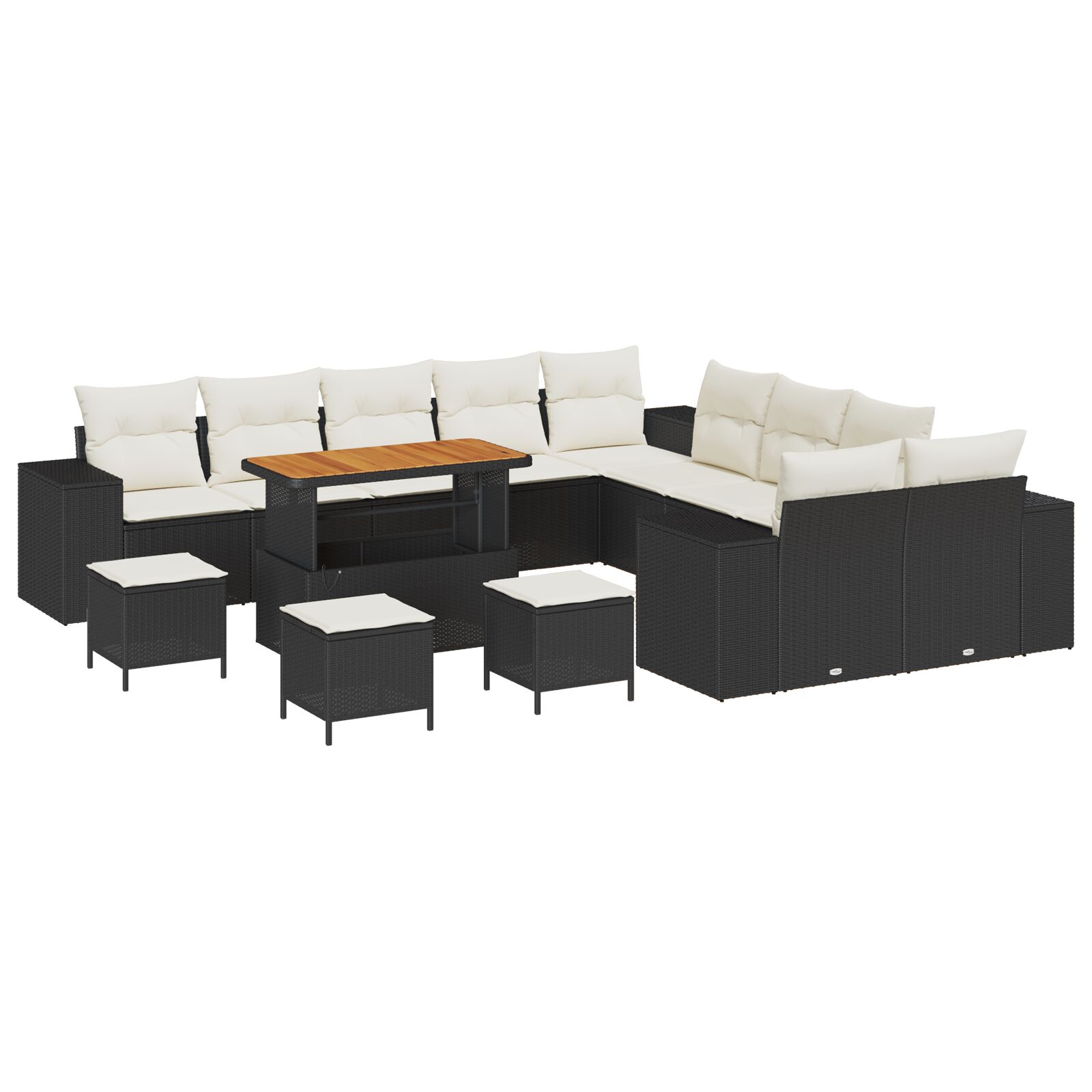 14-teiliges Garten Sofa Set mit Kissen Schwarz Poly Rattan Akazie, 4-teiliges Garten Ess-Set mit Kissen Schwarz Poly Rattan Akazie