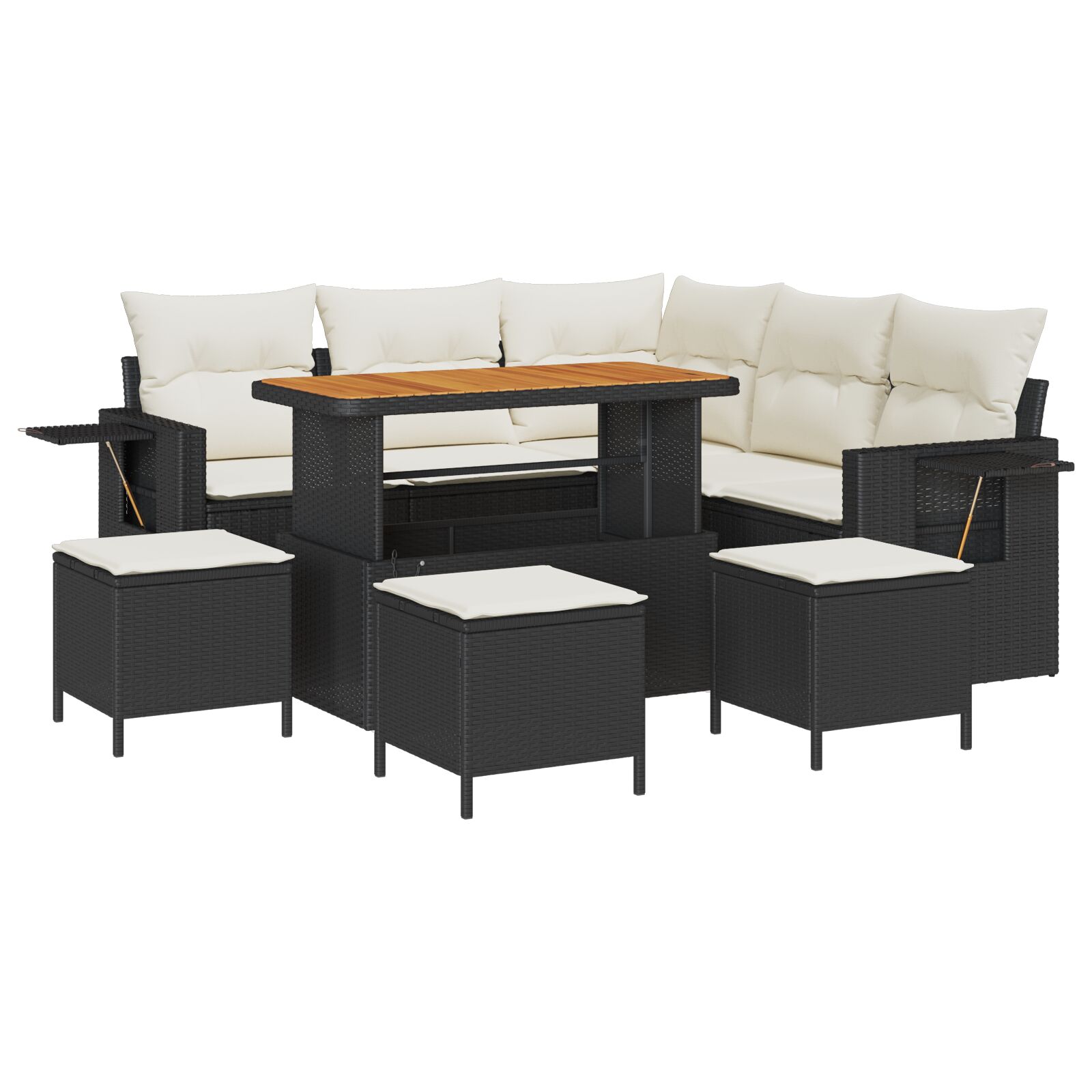 9-teiliges Garten Sofa Set mit Kissen Schwarz Poly-Rattan Akazie, 4-teiliges Garten Esstisch Set mit Kissen Schwarz Poly-Rattan Akazie