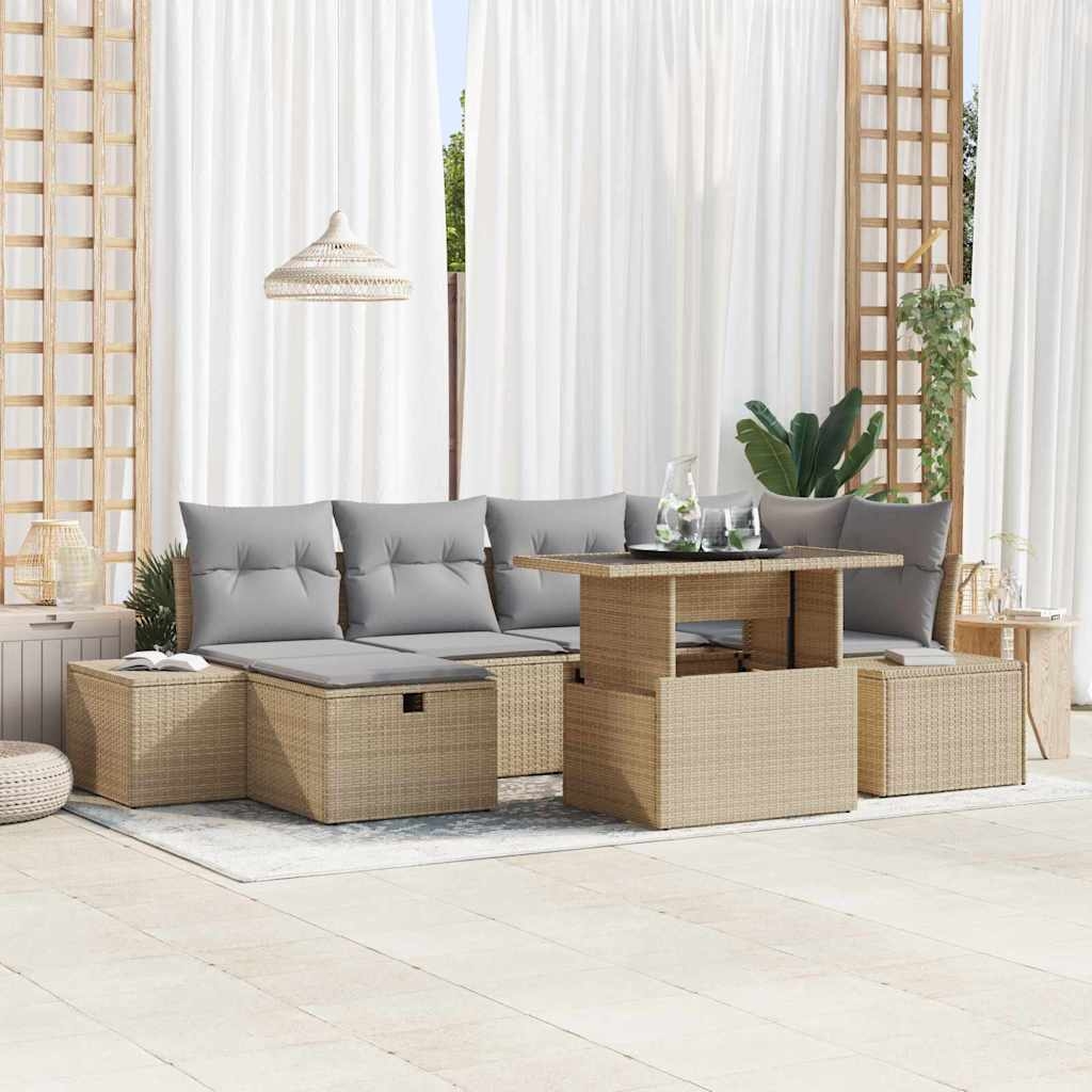 Garten-Sofa-Set mit Kissen mit Speicher 7 pcs Beige Poly Rattan