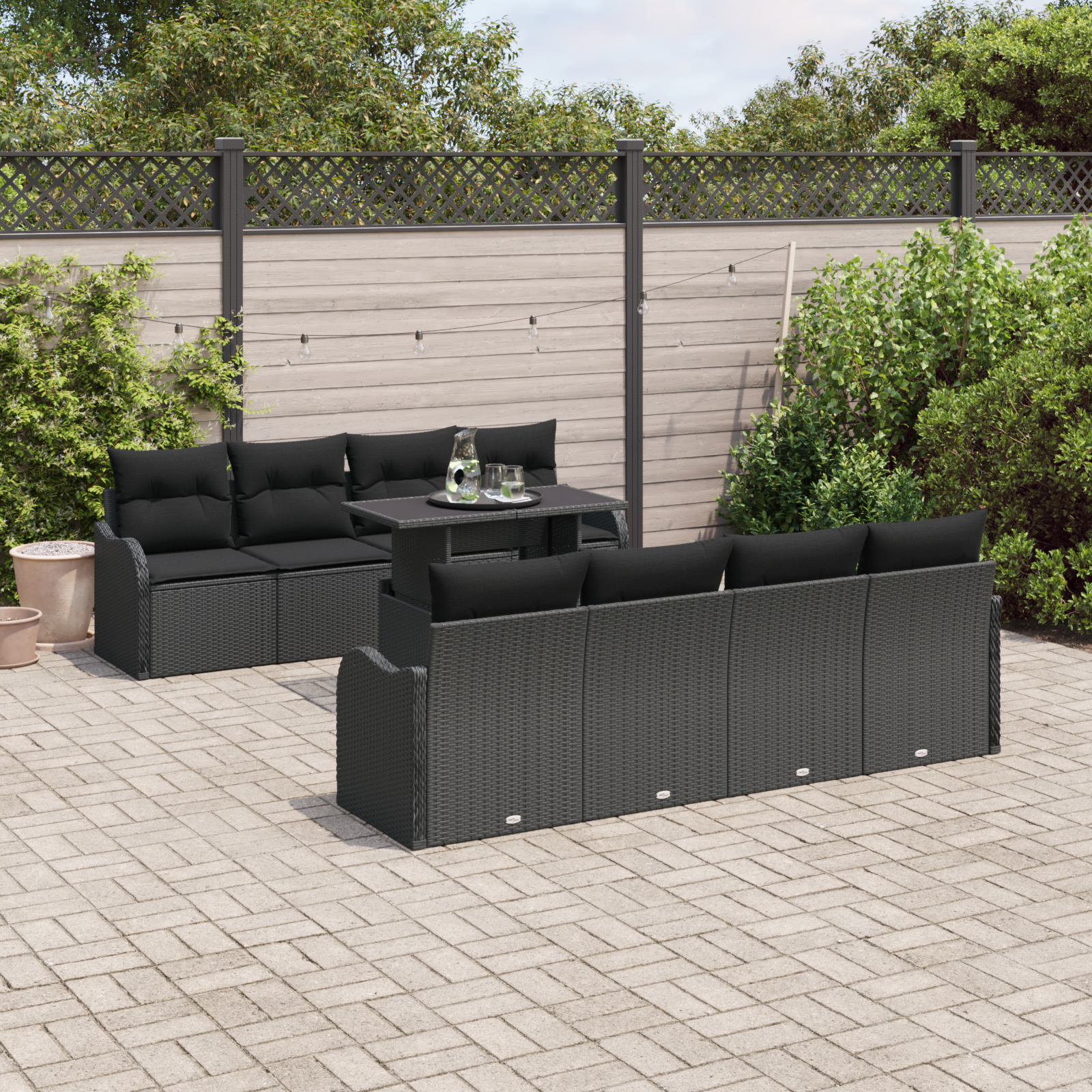 10-teiliges Garten-Sofaset mit Kissen in schwarzem Poly-Rattan 10-teiliges Garten-Sofaset mit Kissen in schwarzem Poly-Rattan