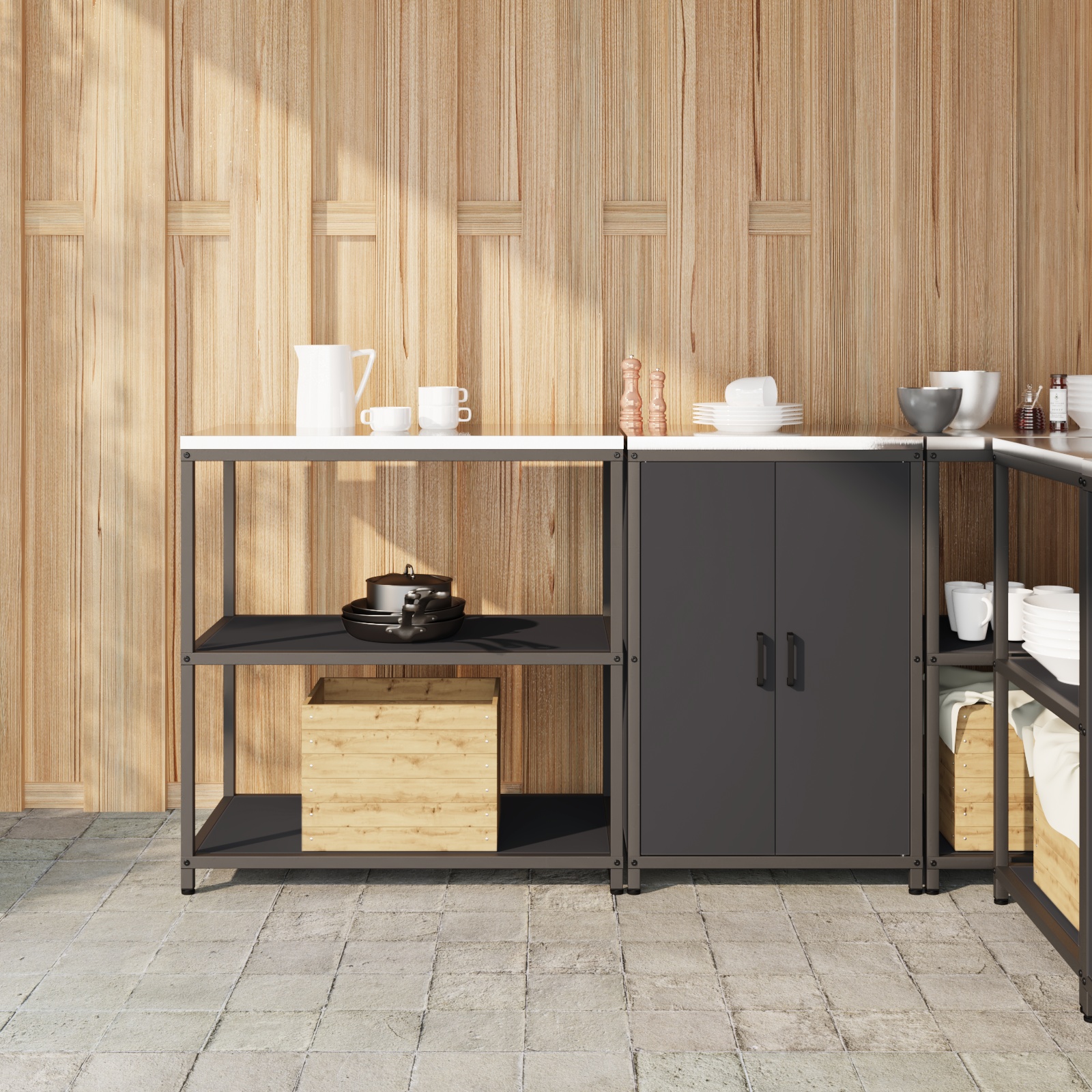 Küchenlager-Set mit Regal mit Speicher mit Tür Verstellbar 2 pcs Schwarz 150 x 50 x 92 cm