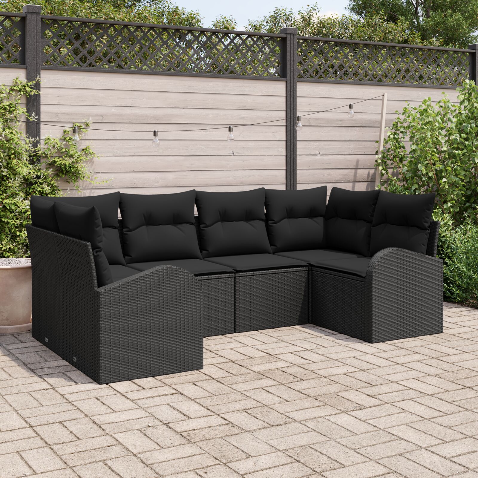 6-teiliges Garten Sofa Set mit Kissen Schwarz Poly Rattan 6-teiliges Garten Sofa Set mit Kissen Schwarz Poly Rattan