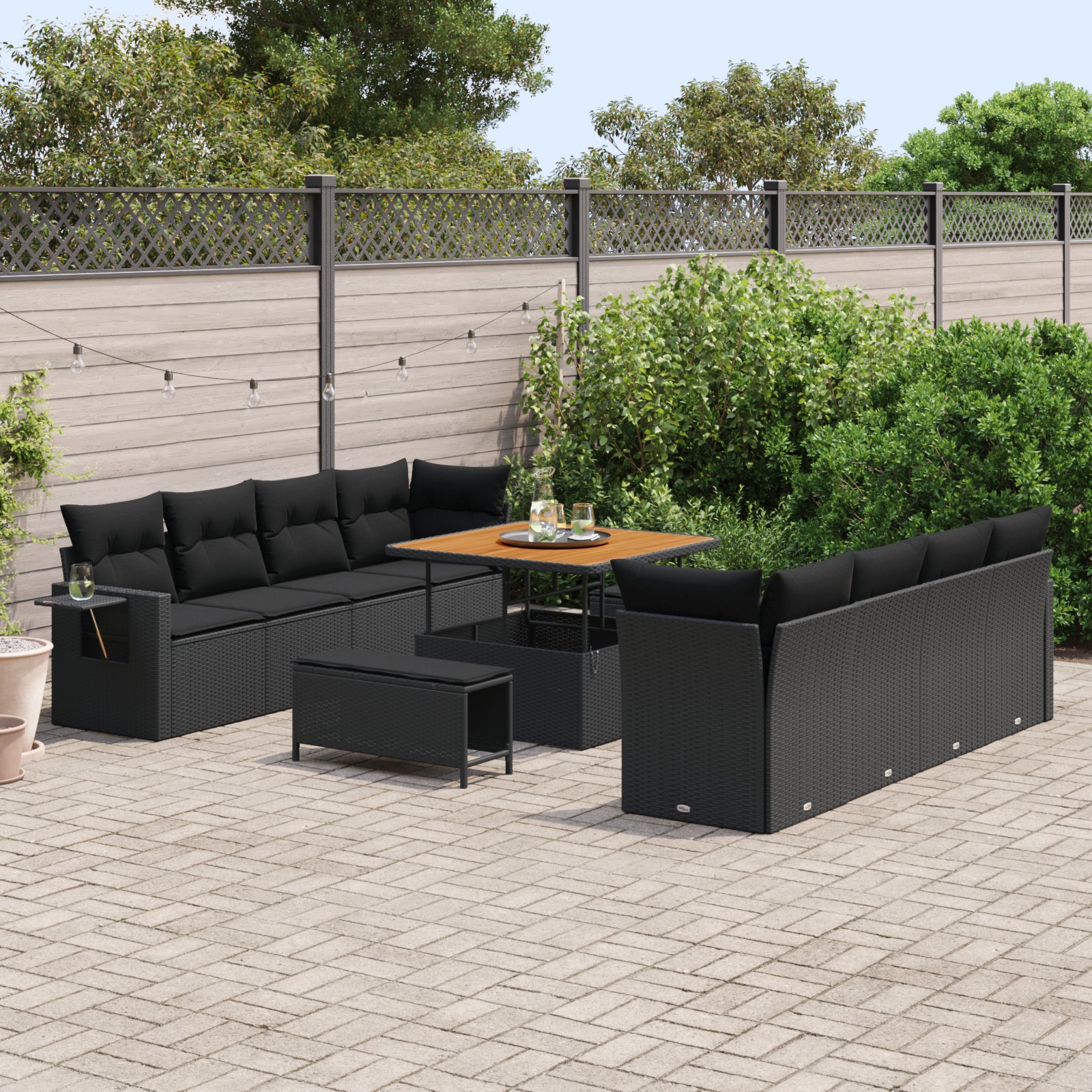 Garten-Sofa-Set mit Kissen mit Speicher mit Kissen 11 pcs Schwarz Poly Rattan