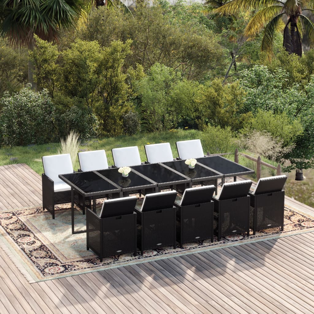 11-tlg. Garten-Essgruppe mit Kissen Poly Rattan Schwarz 11-tlg. Garten-Essgruppe mit Kissen Poly Rattan Schwarz