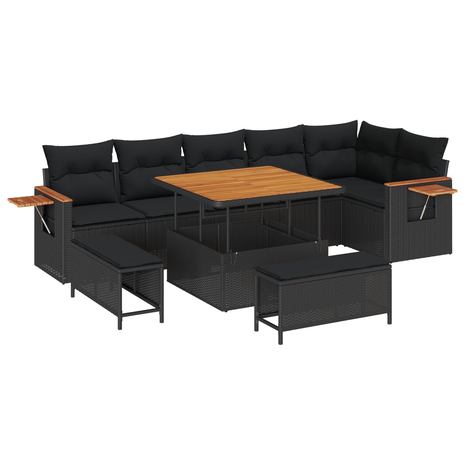 9-teiliges Garten Sofa Set mit Kissen Schwarz Poly Rattan Akazie, 3-teiliges Garten Esszimmer Set mit Kissen Schwarz Poly Rattan Akazie