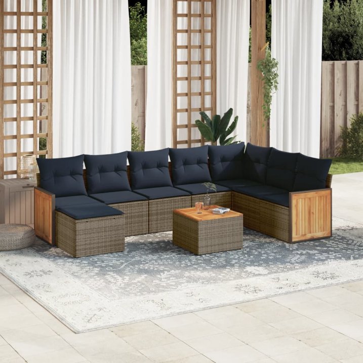 9-teiliges Gartensofa-Set mit Kissen, grau, Polyrattan 9-teiliges Gartensofa-Set mit Kissen, grau, Polyrattan