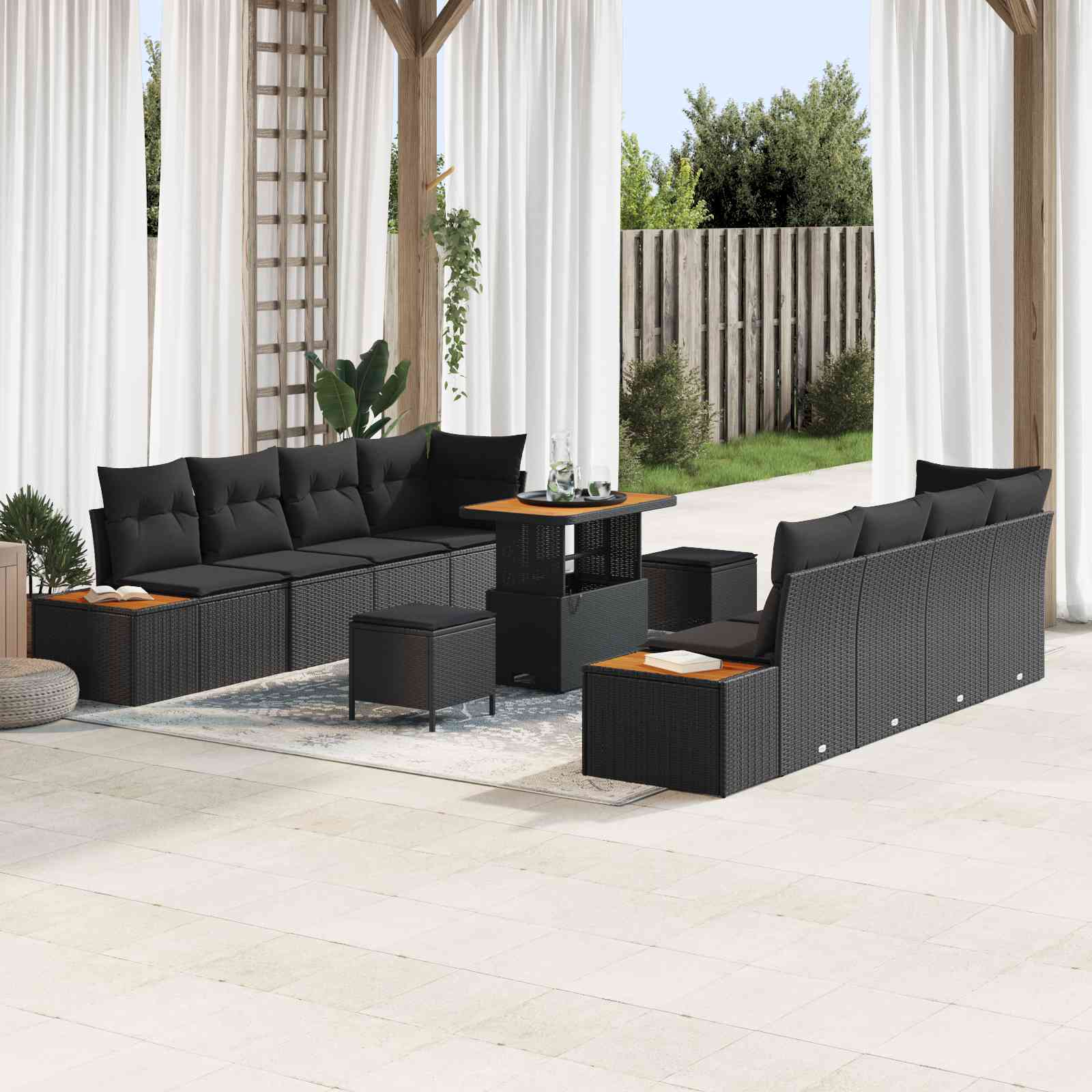 11-teiliges Garten Sofa Set mit Kissen Schwarz Poly Rattan Akazie