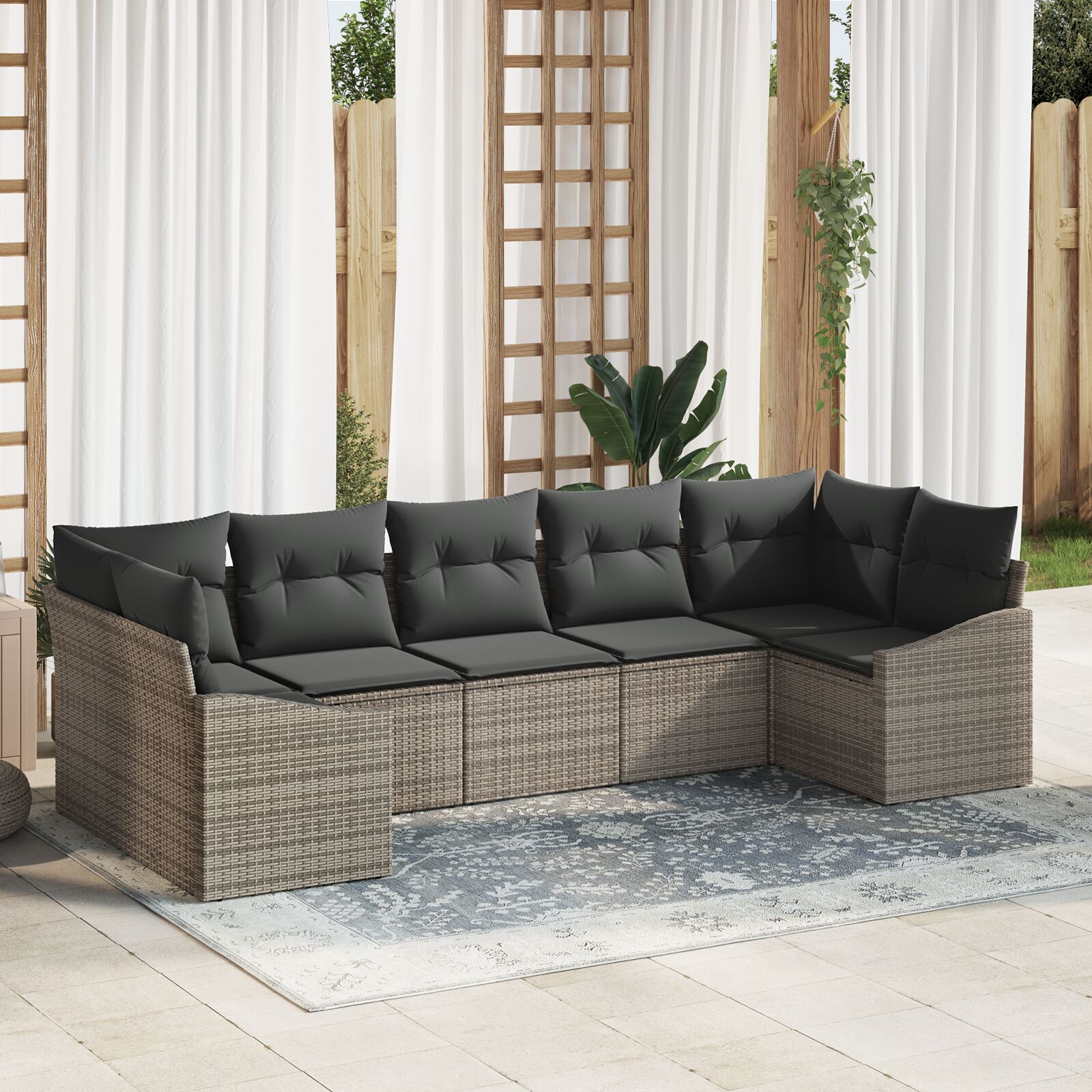 7-teiliges Garten Sofa Set mit Kissen Grau Poly-Rattan 7-teiliges Garten Sofa Set mit Kissen Grau Poly-Rattan
