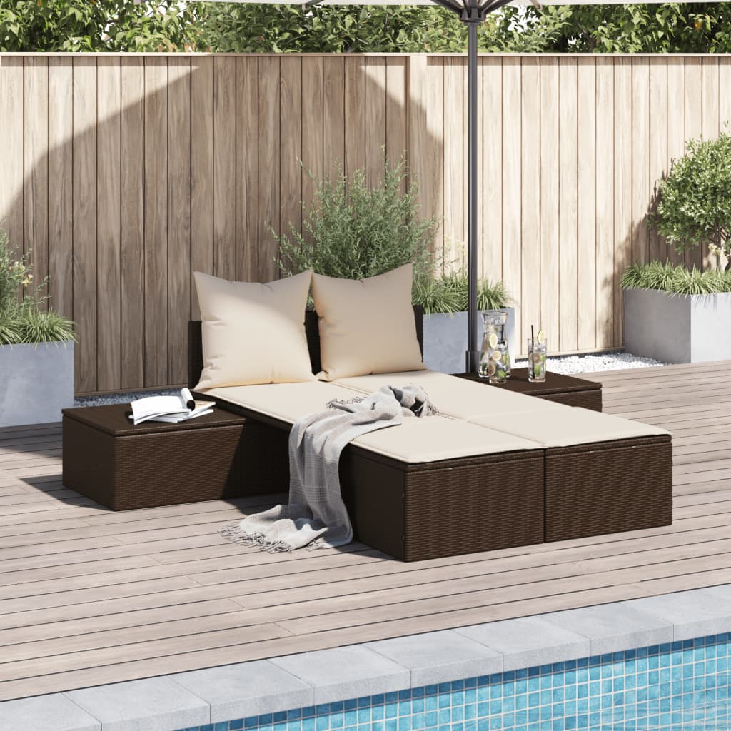 Doppel-Sonnenliege mit Auflagen Braun Poly Rattan Doppel-Sonnenliege mit Auflagen Braun Poly Rattan