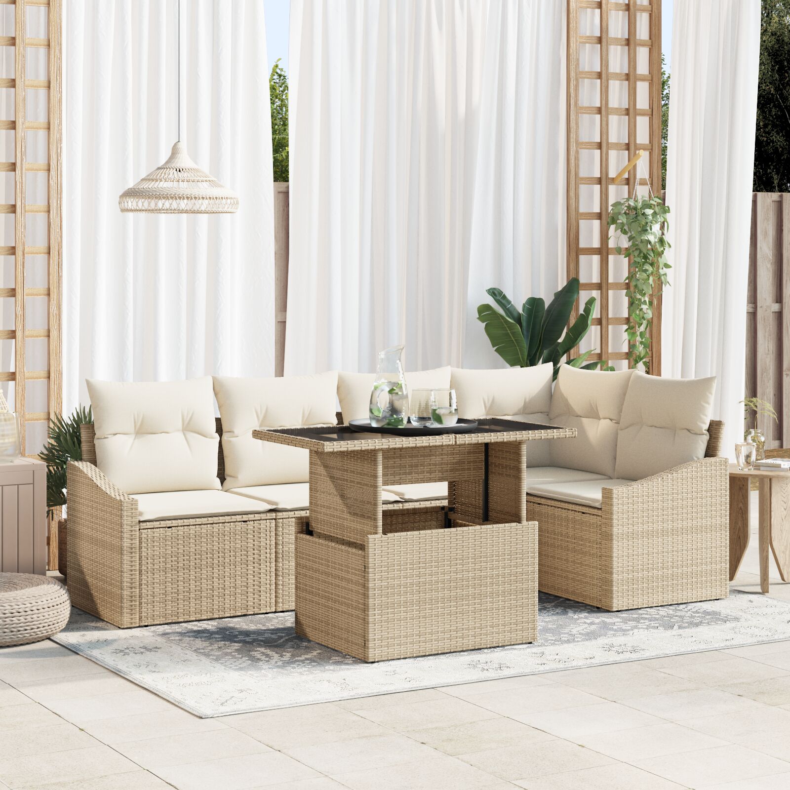 6-teiliges Garten Sofa Set mit Kissen in Beige aus Poly Rattan 6-teiliges Garten Sofa Set mit Kissen in Beige aus Poly Rattan
