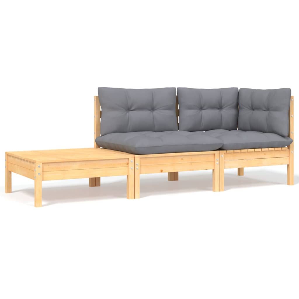 3-tlg. Garten-Lounge-Set mit Grauen Kissen Kiefer Massivholz 3-tlg. Garten-Lounge-Set mit Grauen Kissen Kiefer Massivholz