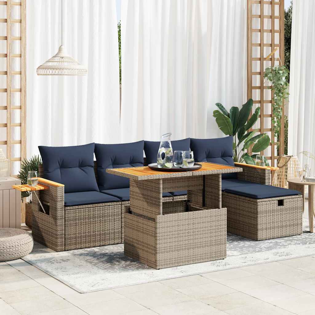 6-tlg. Garten-Sofagarnitur mit Kissen Grau Poly Rattan Akazie 6-tlg. Garten-Sofagarnitur mit Kissen Grau Poly Rattan Akazie