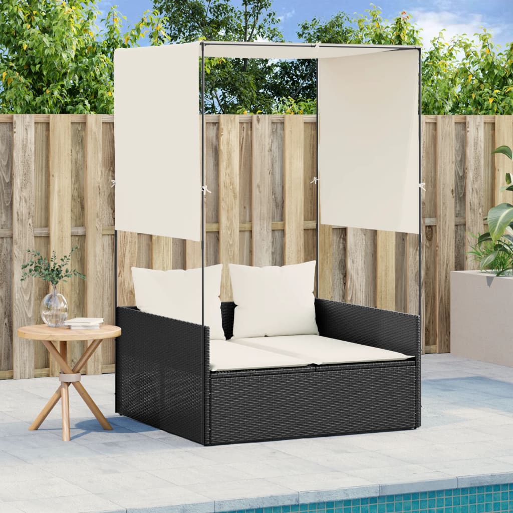 Doppel-Sonnenliege mit Dach und Vorhängen Schwarz Poly-Rattan Doppel-Sonnenliege mit Dach und Vorhängen Schwarz Poly-Rattan