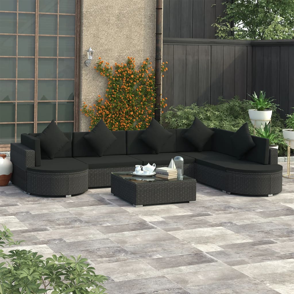 8-tlg. Garten-Lounge-Set mit Auflagen Poly Rattan Schwarz 8-tlg. Garten-Lounge-Set mit Auflagen Poly Rattan Schwarz