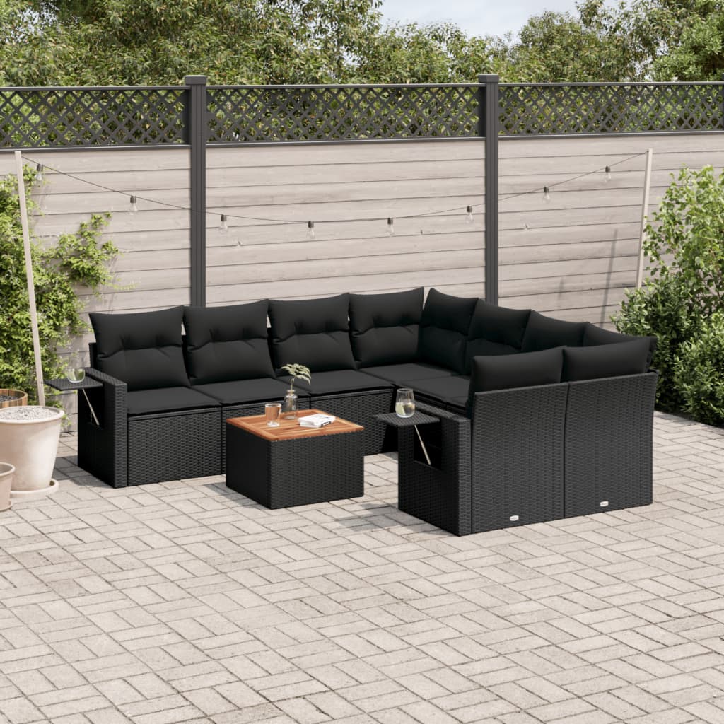 9-tlg. Garten-Sofagarnitur mit Kissen Schwarz Poly Rattan 9-tlg. Garten-Sofagarnitur mit Kissen Schwarz Poly Rattan