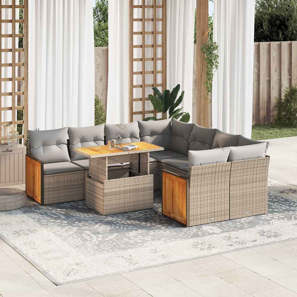 9-tlg. Garten-Sofagarnitur mit Kissen Beige Poly Rattan Akazie 9-tlg. Garten-Sofagarnitur mit Kissen Beige Poly Rattan Akazie