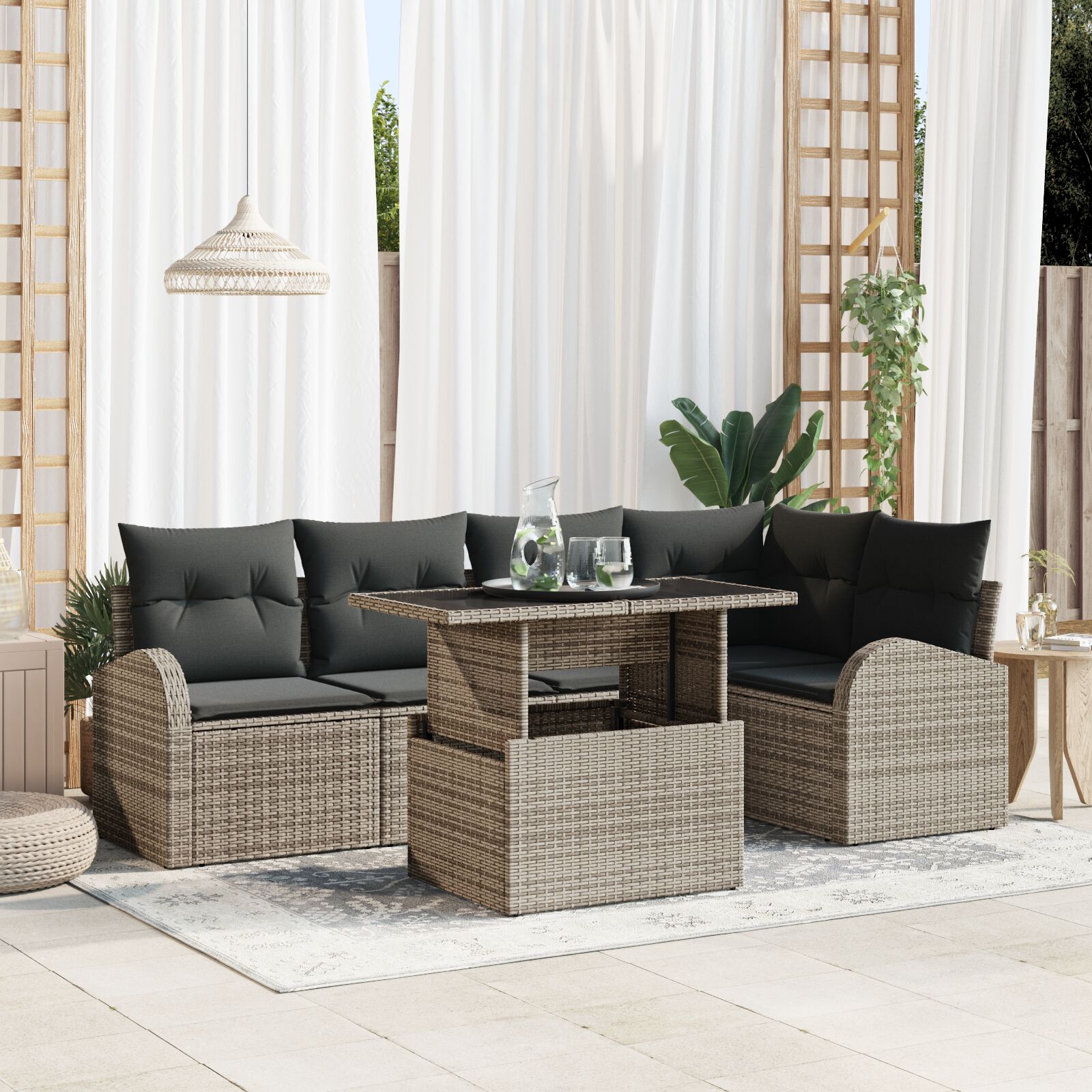 6-teiliges Garten-Sofa-Set mit Kissen Grau Poly Rattan