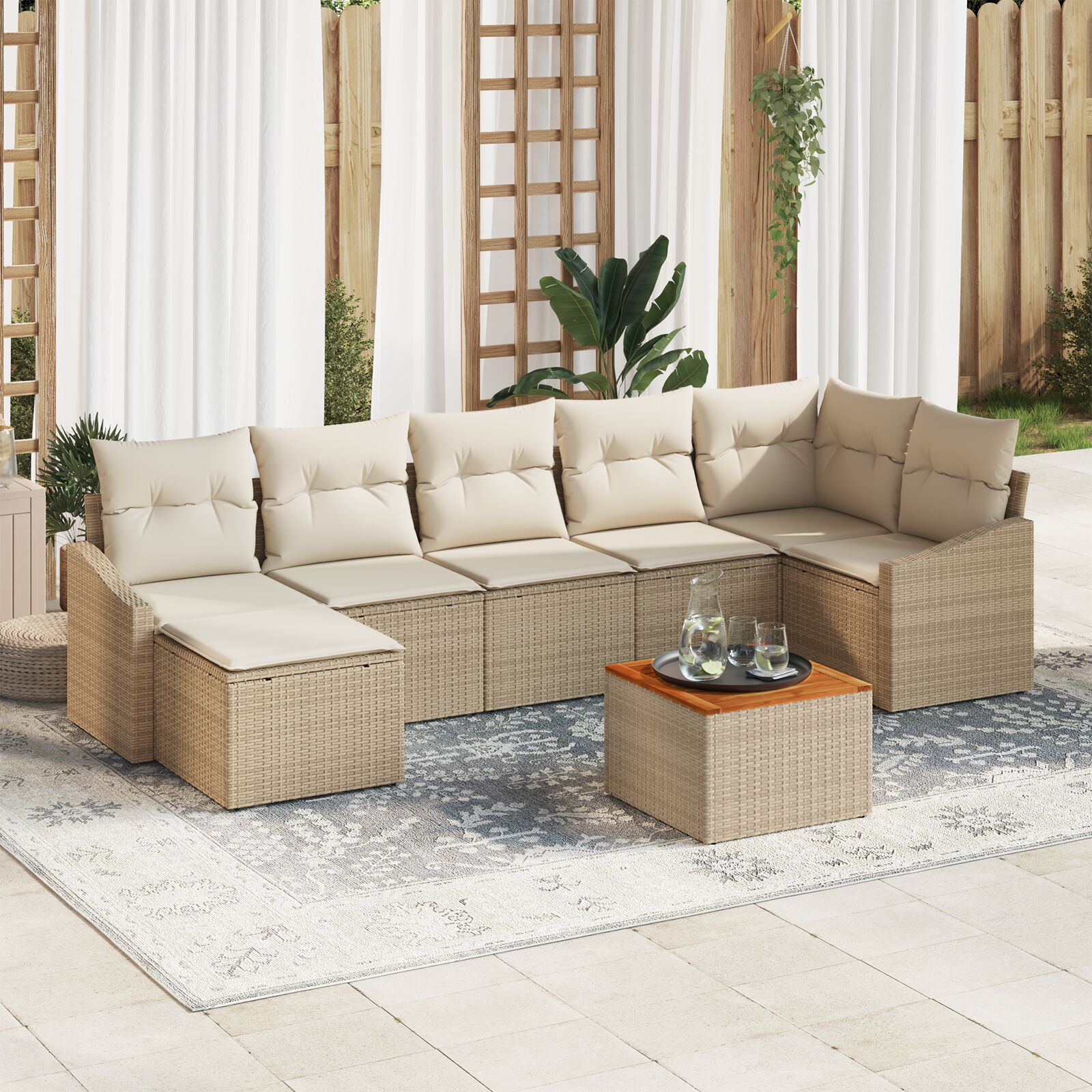 8-teiliges Garten-Sofa-Set mit Kissen Beige Poly-Rattan Akazie