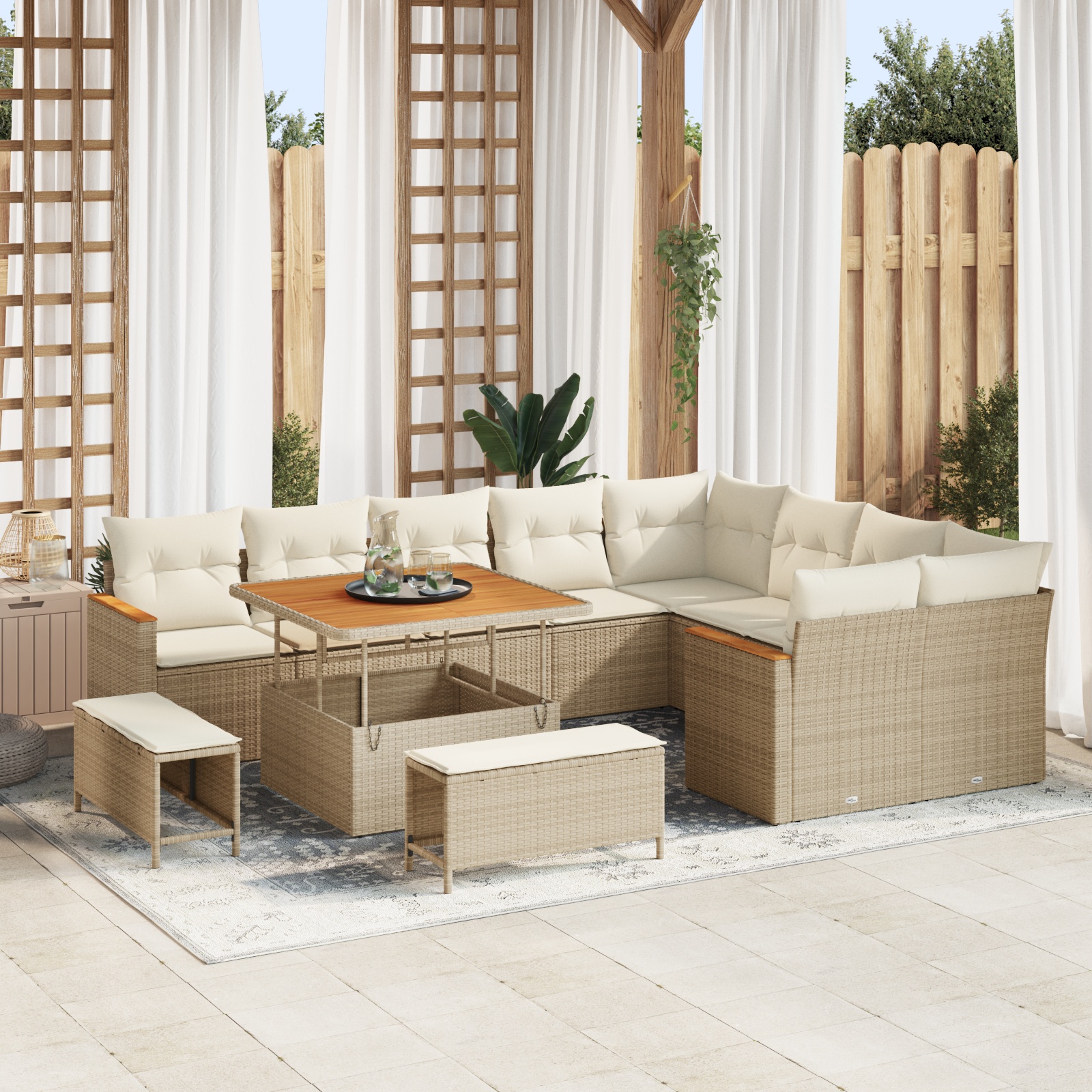 12-teiliges Garten-Sofa-Set mit Kissen Beige Poly Rattan Akazie 12-teiliges Garten-Sofa-Set mit Kissen Beige Poly Rattan Akazie