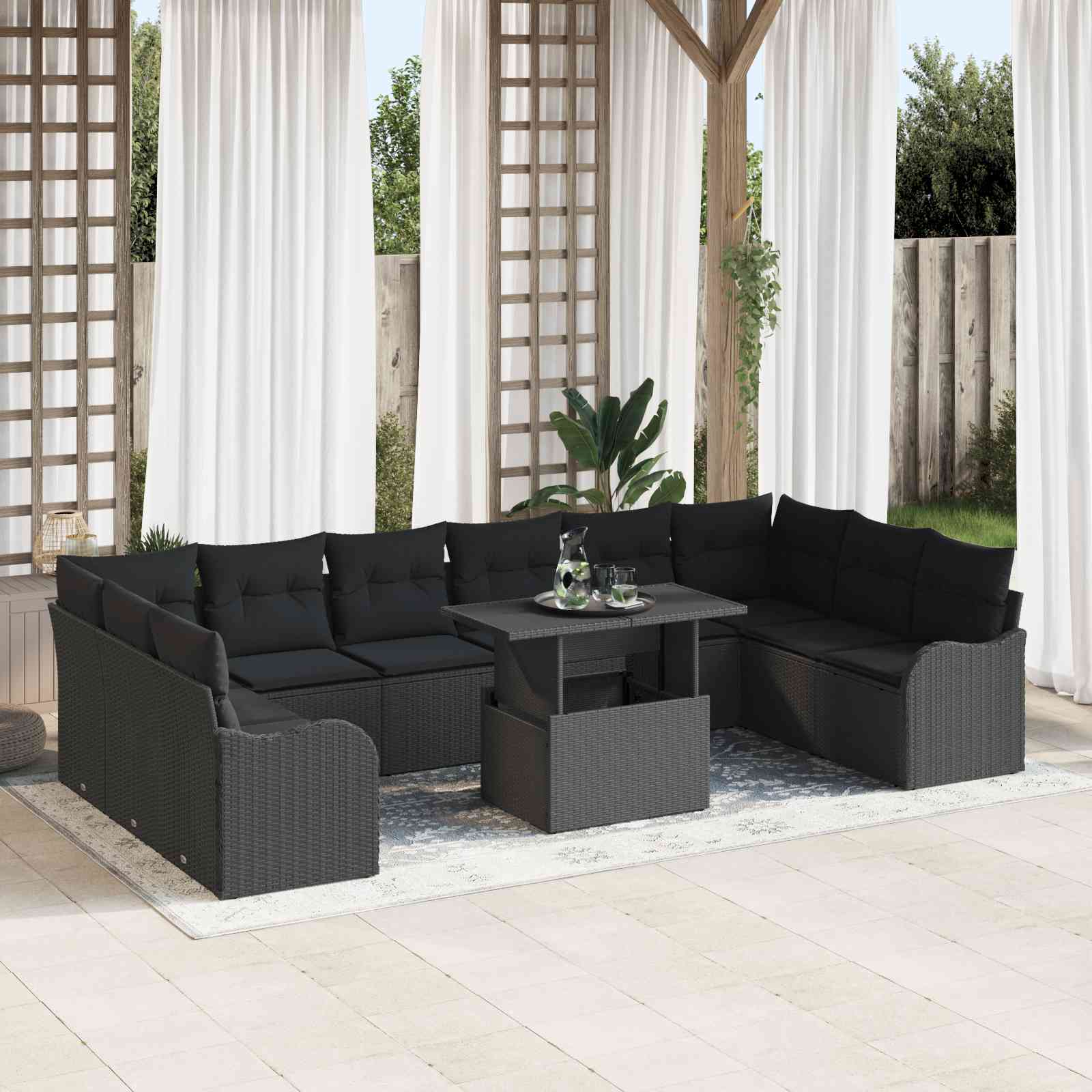 11 Teiliges Garten Sofa Set mit Kissen Schwarz Poly Rattan 11 Teiliges Garten Sofa Set mit Kissen Schwarz Poly Rattan