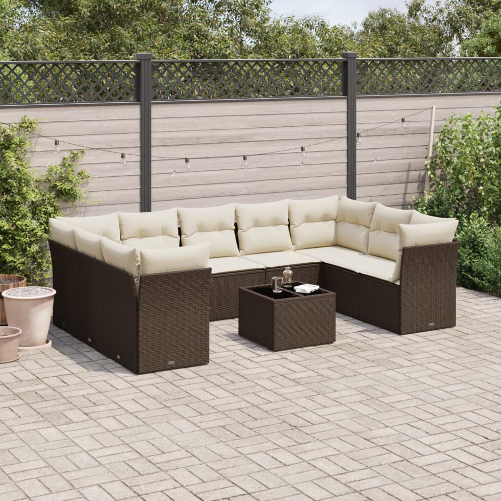 10-tlg. Garten-Sofagarnitur mit Kissen Braun Poly Rattan 10-tlg. Garten-Sofagarnitur mit Kissen Braun Poly Rattan