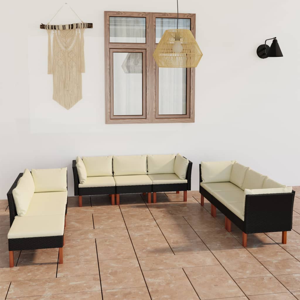 9-tlg. Garten-Lounge-Set mit Kissen Poly Rattan Schwarz 9-tlg. Garten-Lounge-Set mit Kissen Poly Rattan Schwarz