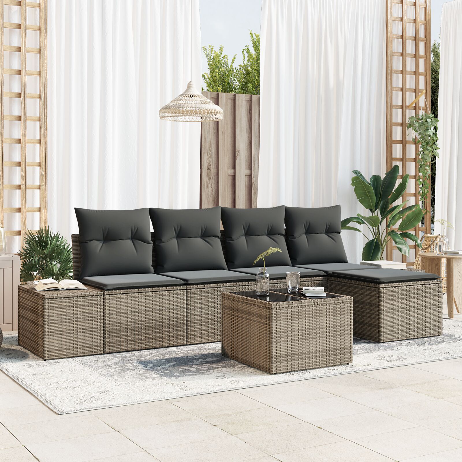 5-teiliges Garten-Sofa-Set mit Kissen schwarzes Poly-Rattan 5-teiliges Garten-Sofa-Set mit Kissen schwarzes Poly-Rattan