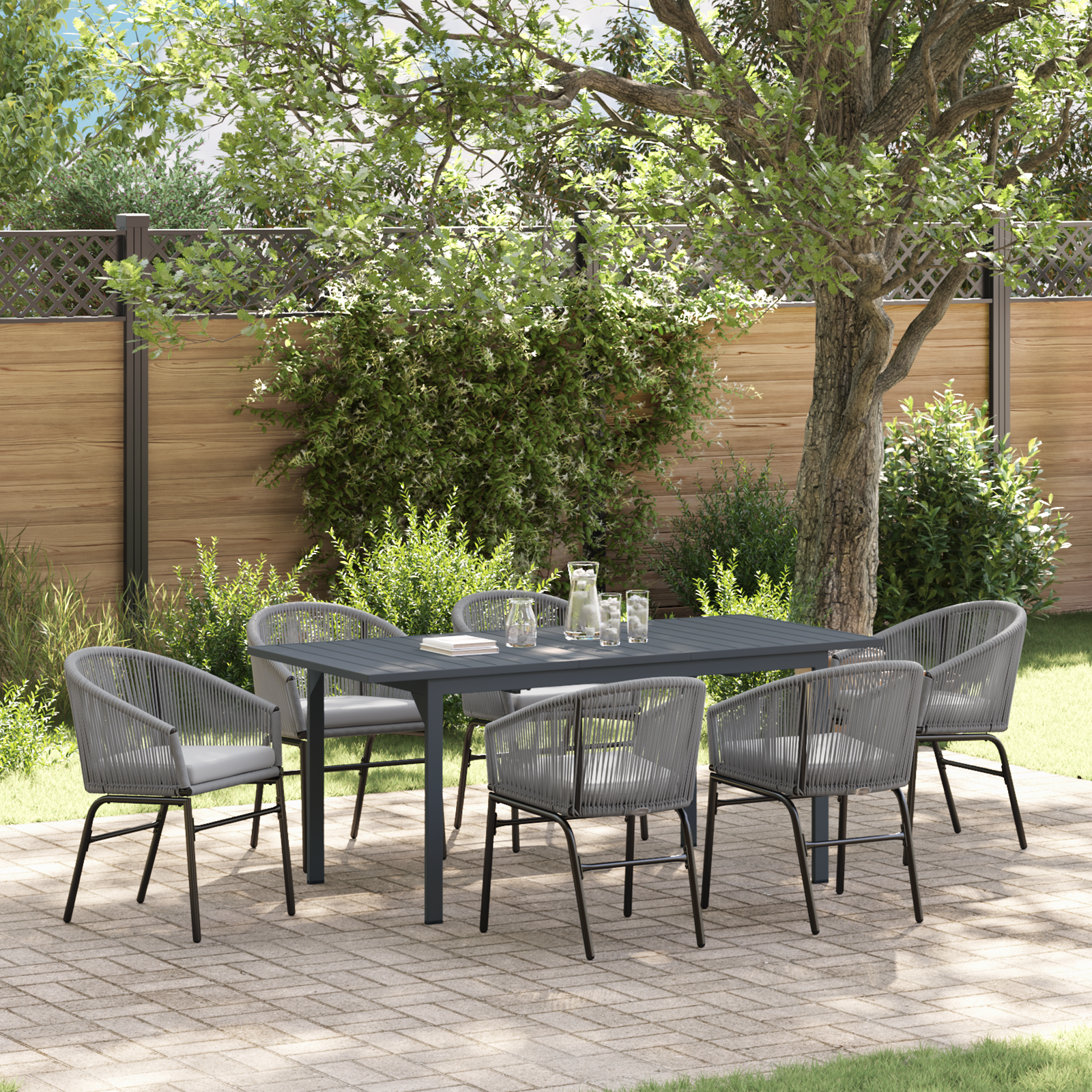 7-teiliges Garten-Dining Set mit Kissen in Grau Poly Rattan