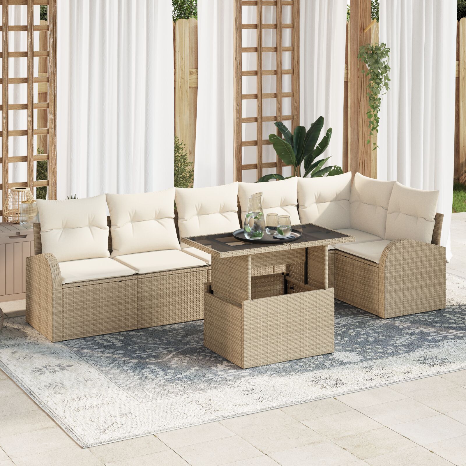 7-teiliges Garten Sofa Set mit Kissen Beige Rattan