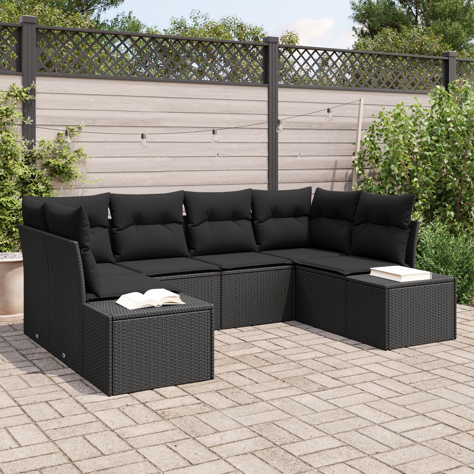 6-teiliges Garten Sofa Set mit Kissen Schwarz Poly Rattan