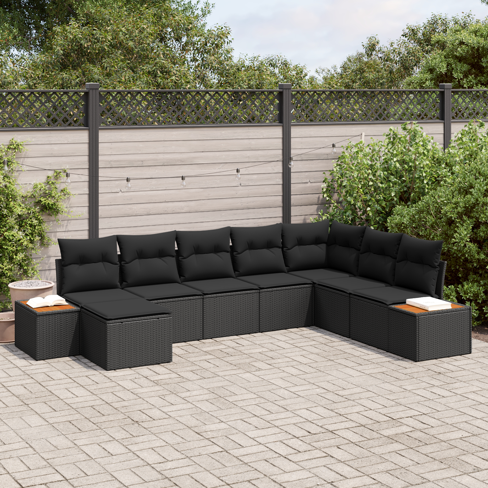 8-teiliges Garten-Sofa-Set mit Kissen Schwarz Poly-Rattan Akazie 8-teiliges Garten-Sofa-Set mit Kissen Schwarz Poly-Rattan Akazie