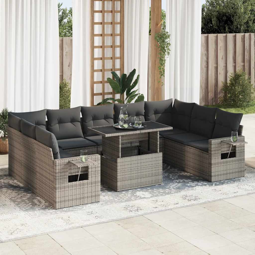 10-tlg. Garten-Sofagarnitur mit Kissen Grau Poly Rattan 10-tlg. Garten-Sofagarnitur mit Kissen Grau Poly Rattan