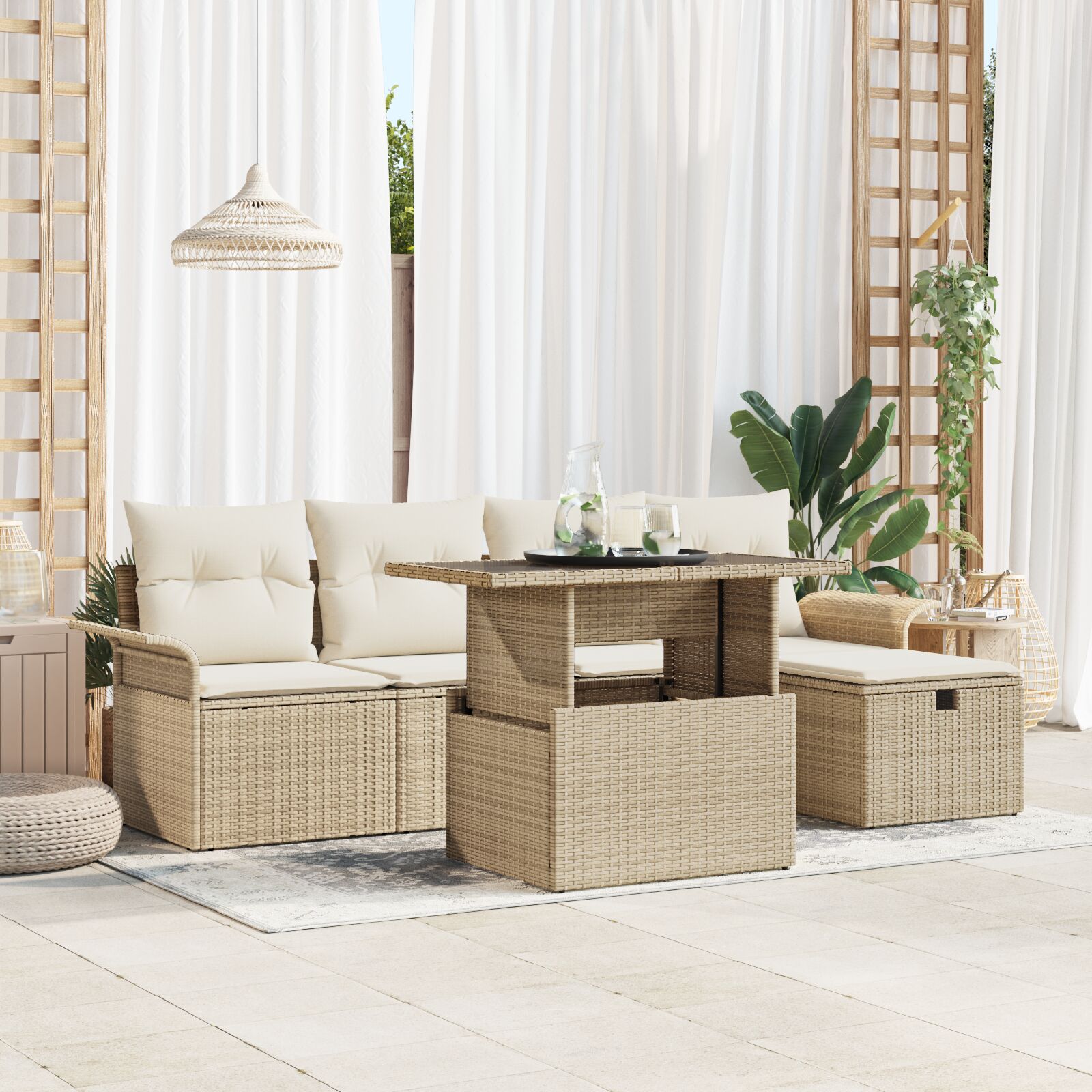 6-teiliges Garten Sofa Set mit Kissen Beige Poly Rattan 6-teiliges Garten Sofa Set mit Kissen Beige Poly Rattan