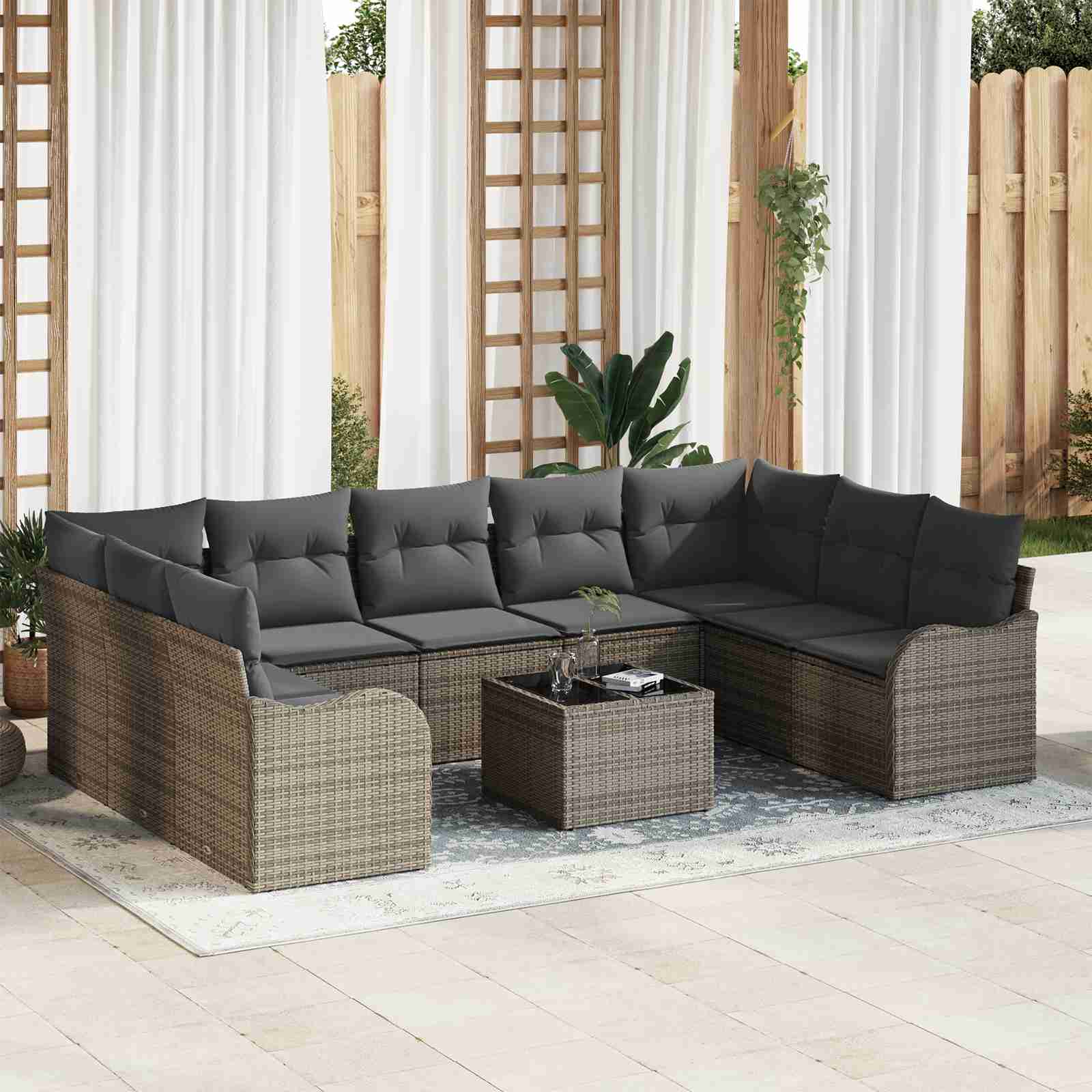 9-teiliges Garten Sofa Set mit Kissen Schwarz Poly Rattan 9-teiliges Garten Sofa Set mit Kissen Schwarz Poly Rattan