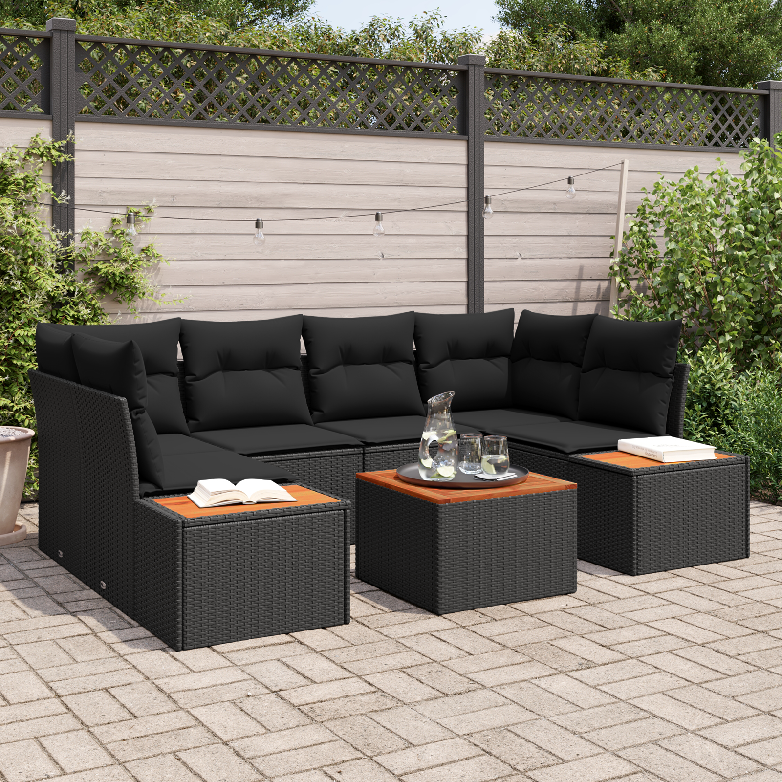 7-teiliges Garten Sofa Set mit Kissen Schwarz Poly Rattan Akazie 7-teiliges Garten Sofa Set mit Kissen Schwarz Poly Rattan Akazie
