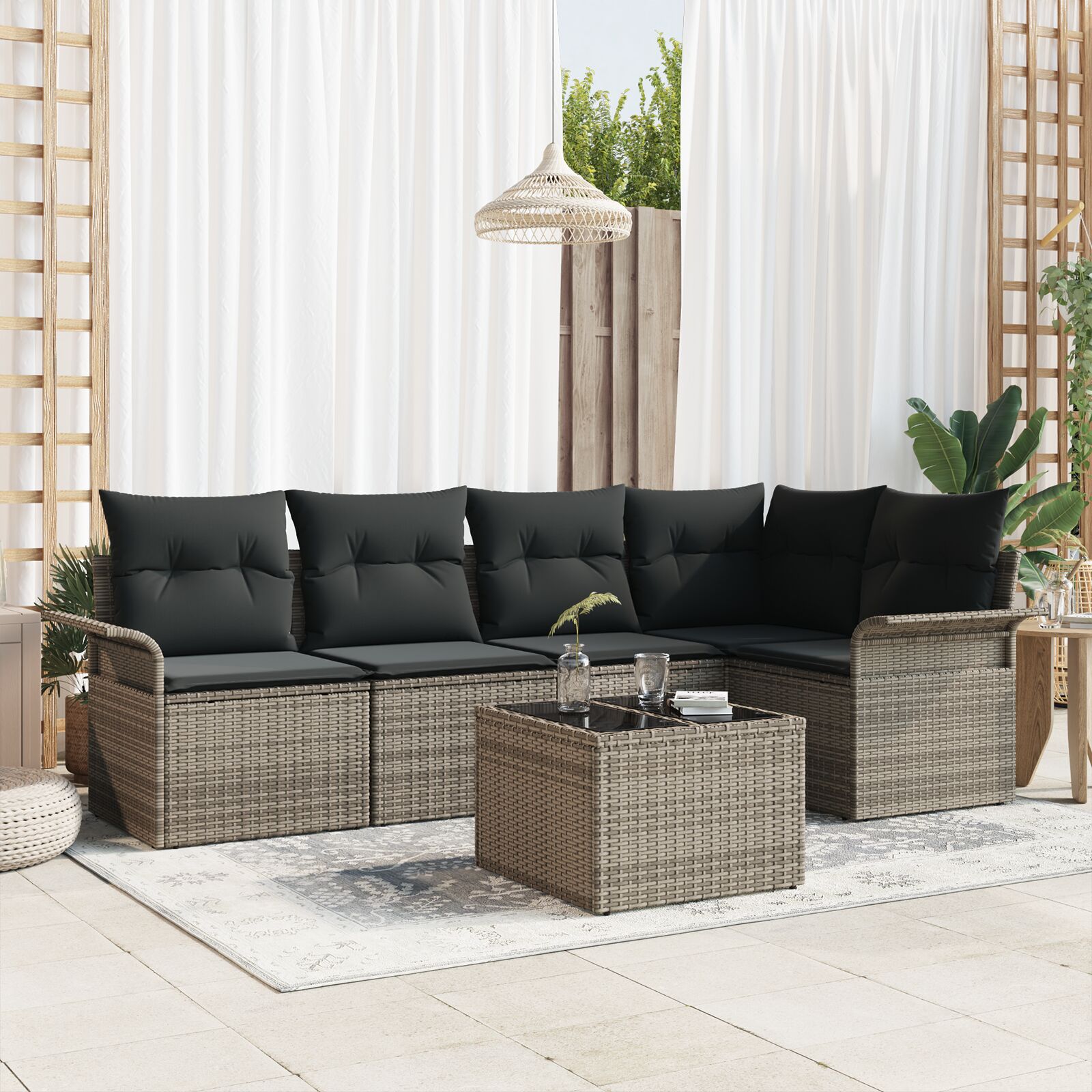 5-tlg. Garten Sofa Set mit Kissen Schwarz Poly-Rattan