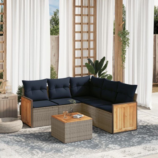 6-teiliges Gartensofa-Set mit Kissen, grau, Polyrattan 6-teiliges Gartensofa-Set mit Kissen, grau, Polyrattan