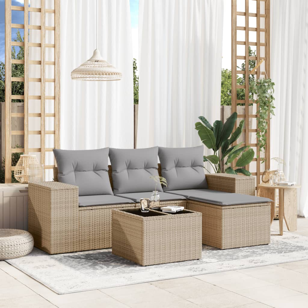 5-tlg. Garten-Sofagarnitur mit Kissen Beige Poly Rattan 5-tlg. Garten-Sofagarnitur mit Kissen Beige Poly Rattan