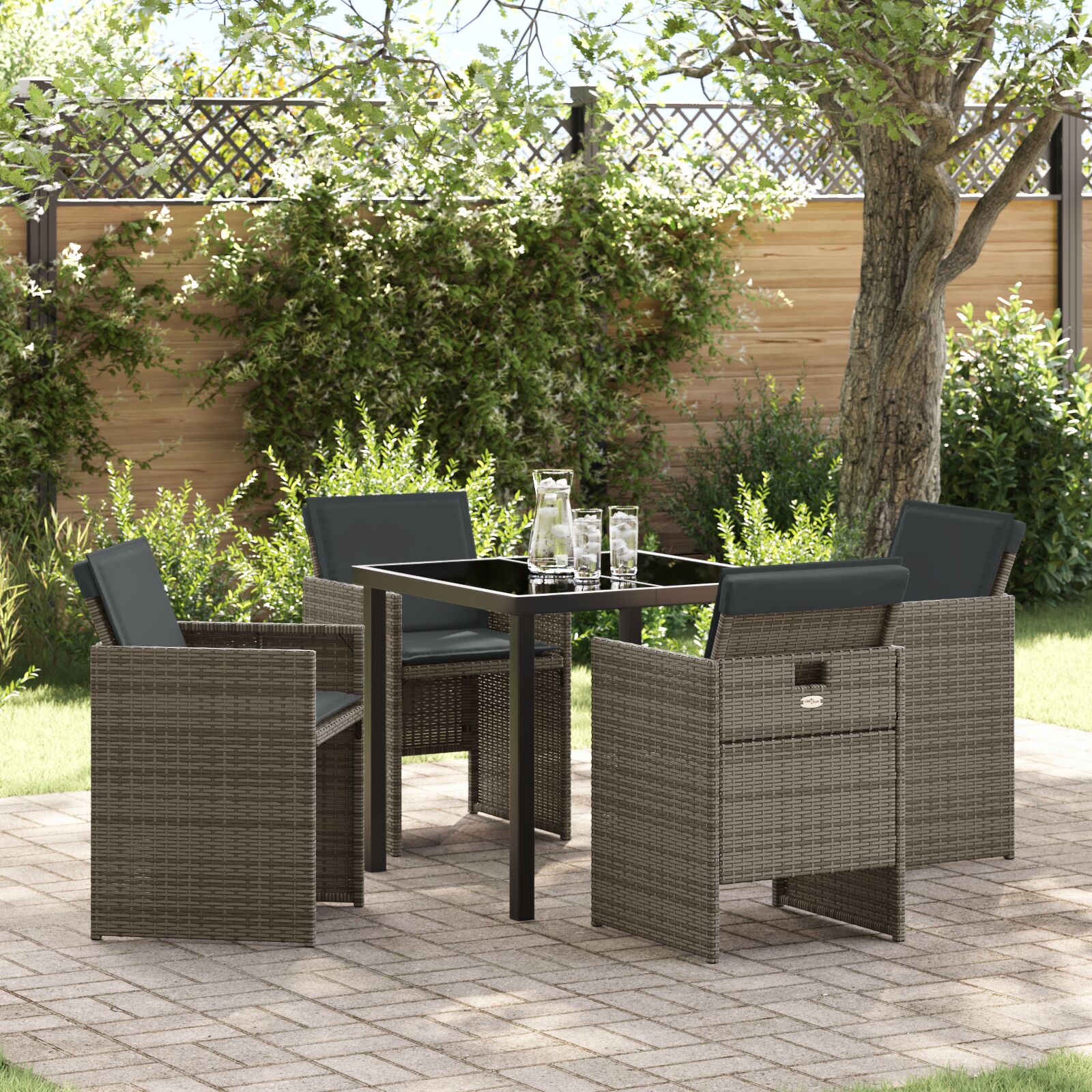 5-teiliges Garten-Esstischset mit Kissen Grau Poly Rattan