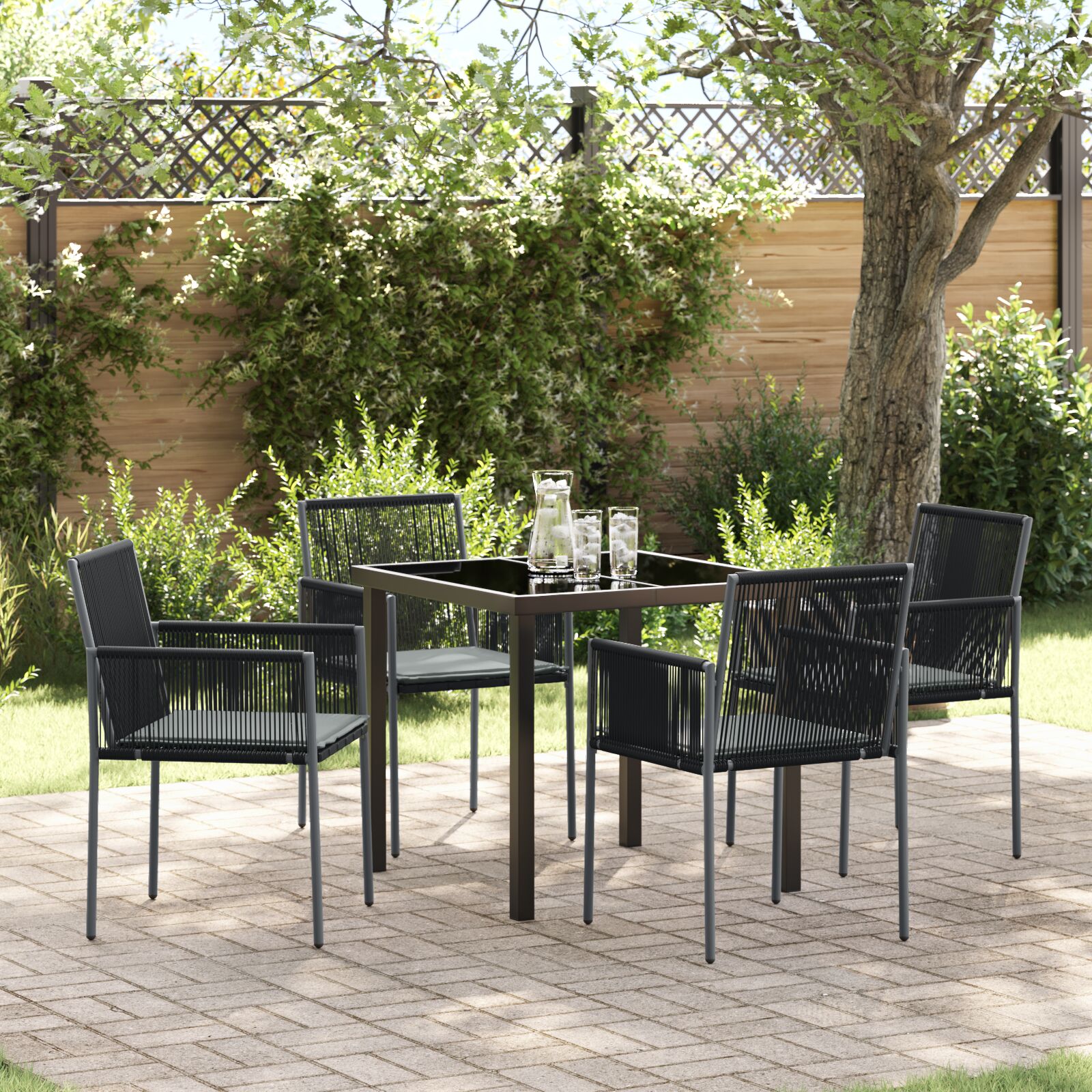 Set aus 3 Schwarz PE-Rattan, Stahl, Polyester Standard