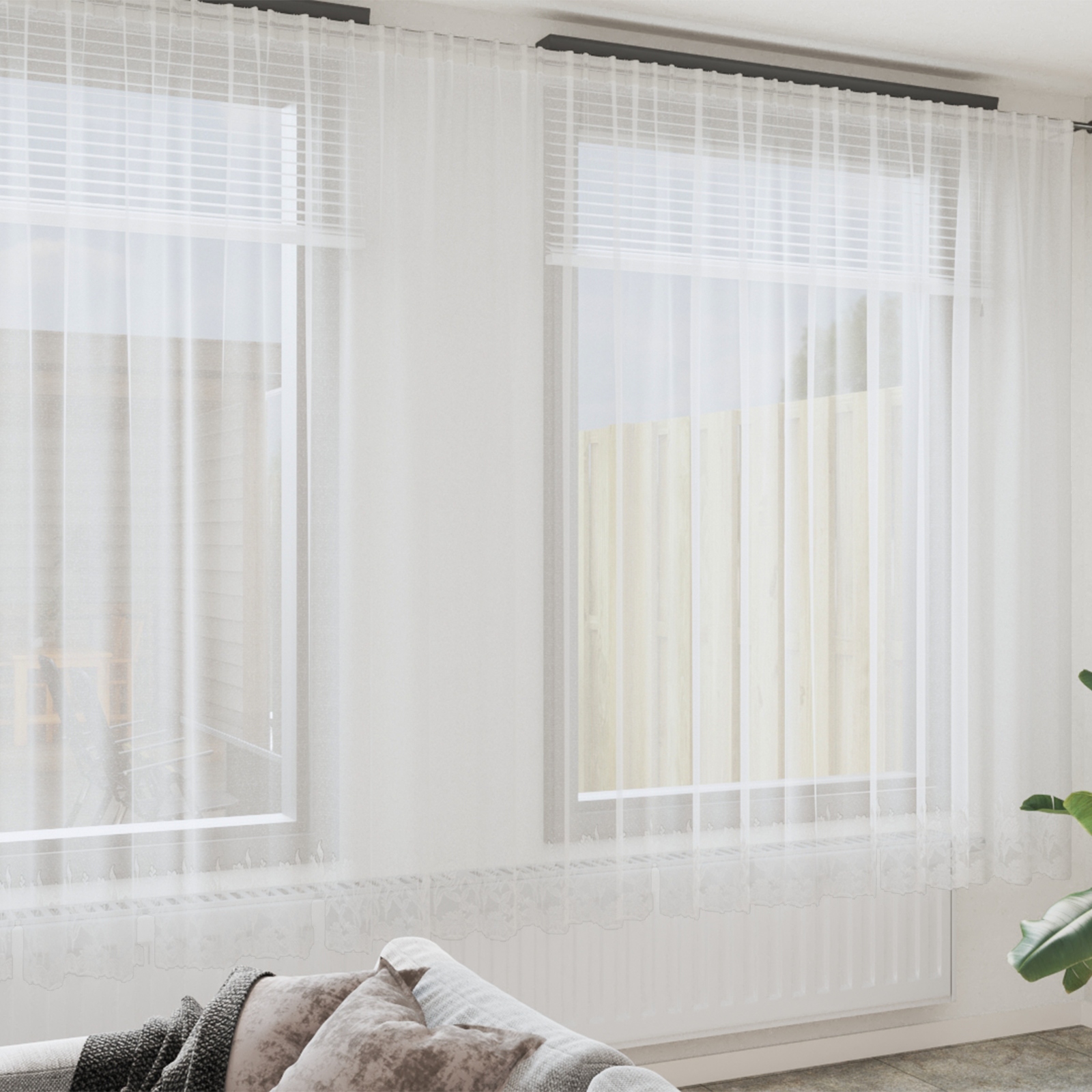 Spitzenvorhang mit Vorhängen Floral Weiß 900 x 300 cm Polyester
