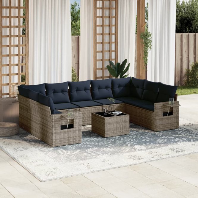 10-teiliges Gartensofa-Set mit Kissen, grau, Polyrattan 10-teiliges Gartensofa-Set mit Kissen, grau, Polyrattan
