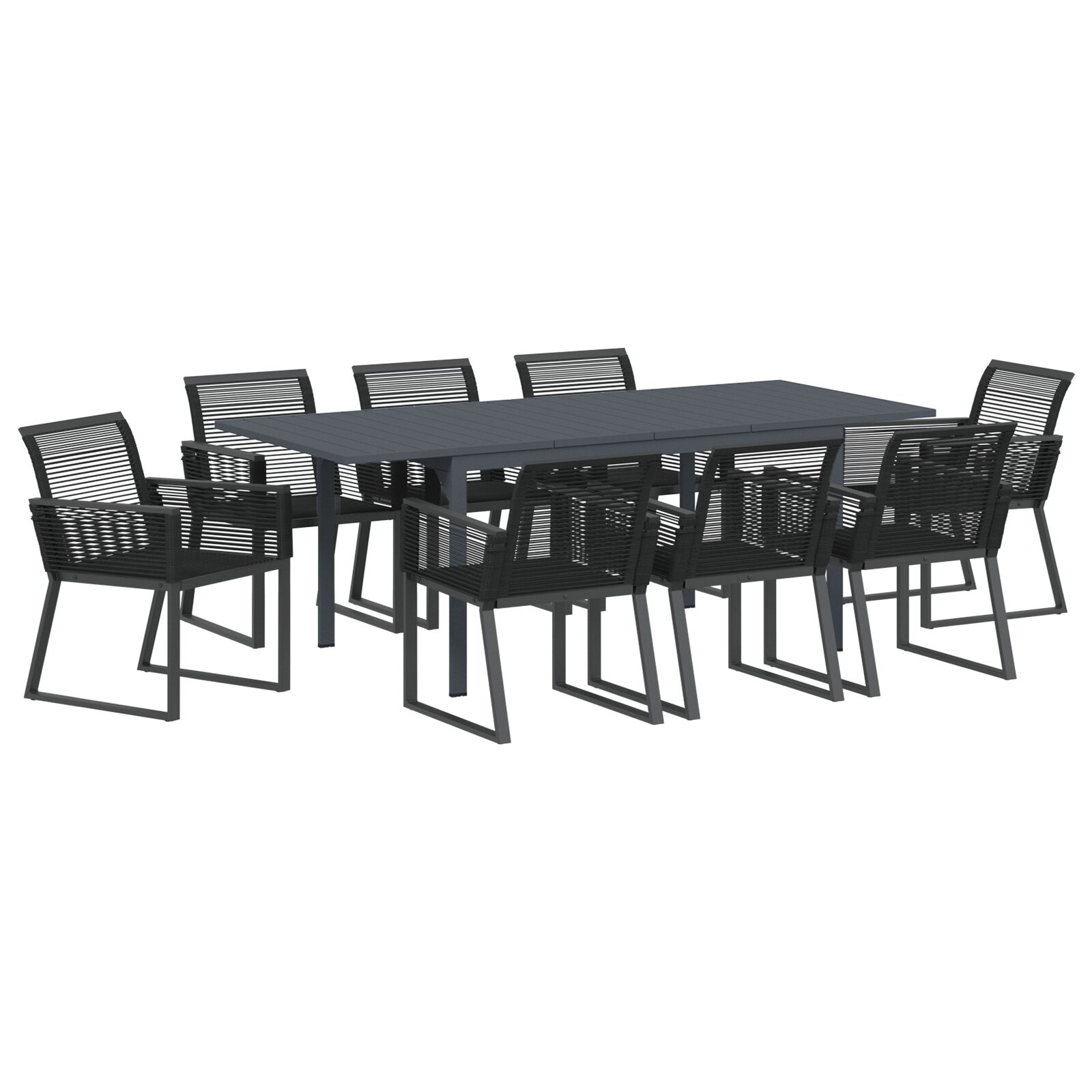9-teiliges Garten Esszimmer Set Schwarz Poly Rattan, Erweiterbarer Gartentisch Anthrazit (140-210)x90x73 cm Stahl