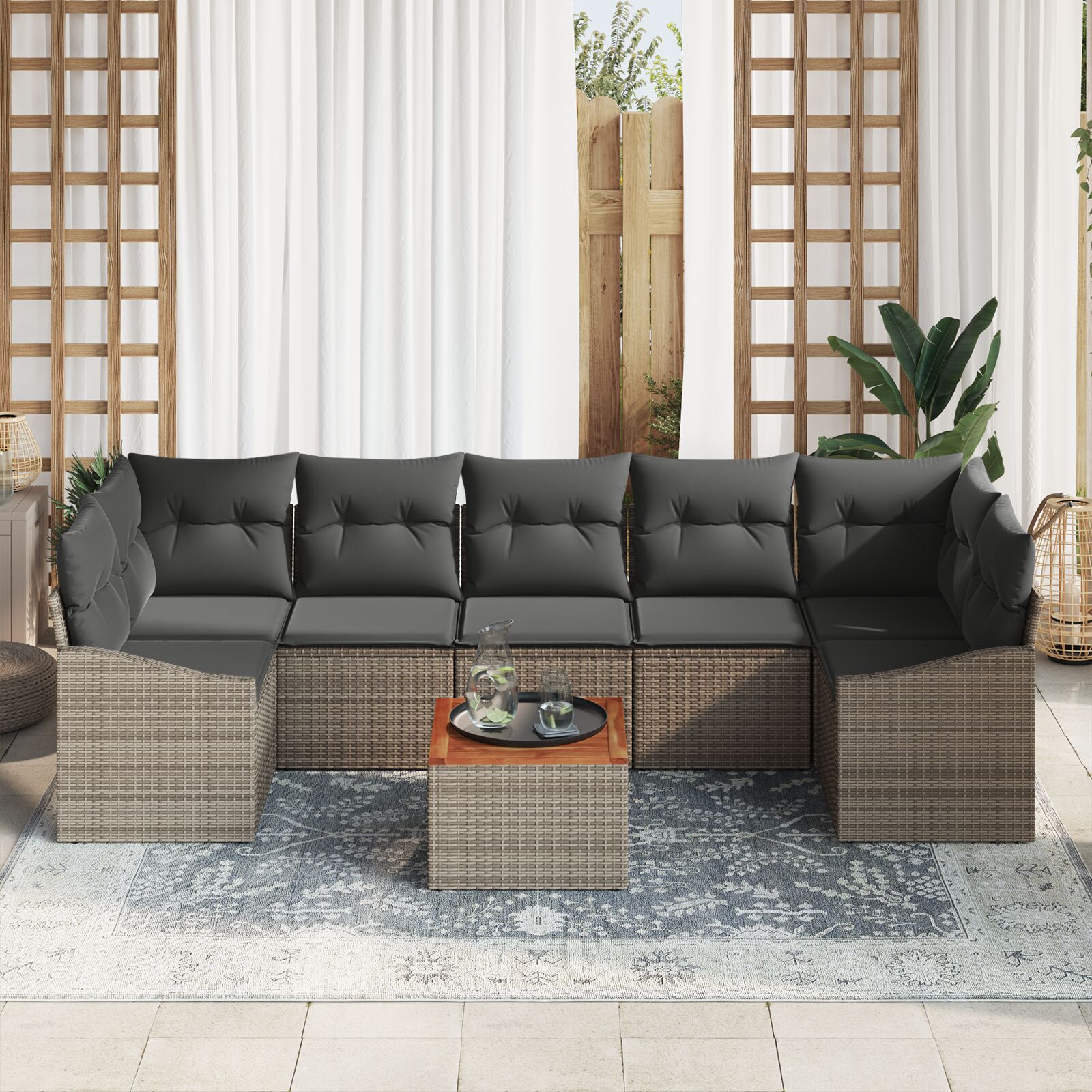8-teiliges Garten Sofa Set mit Kissen grau Poly Rattan Akazie 8-teiliges Garten Sofa Set mit Kissen grau Poly Rattan Akazie